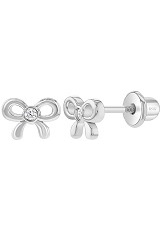 handsome teensy-weensy clear cz tiny bow silver earrings for babies and children